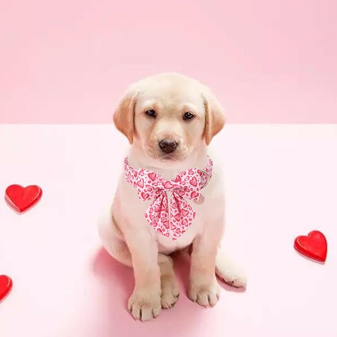 Valentine’s Day Dog Collar with Bow Tie, Pink Heart Bowtie Collar with Metal Buckle, Valentine’s Day Gift Pet Collar for Puppy Girl Boy Dog or Cat, Wedding Dog Collar,XL, Neck 16-26in