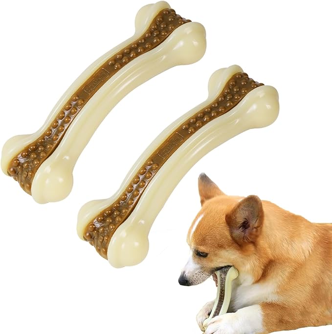 Dog Bones for Aggressive Chewers, 2 Pack Real Beef Flavor Puppy Teething Toys for Medium/Small Breed Dogs, Durable Nylon Dog Chew Toys