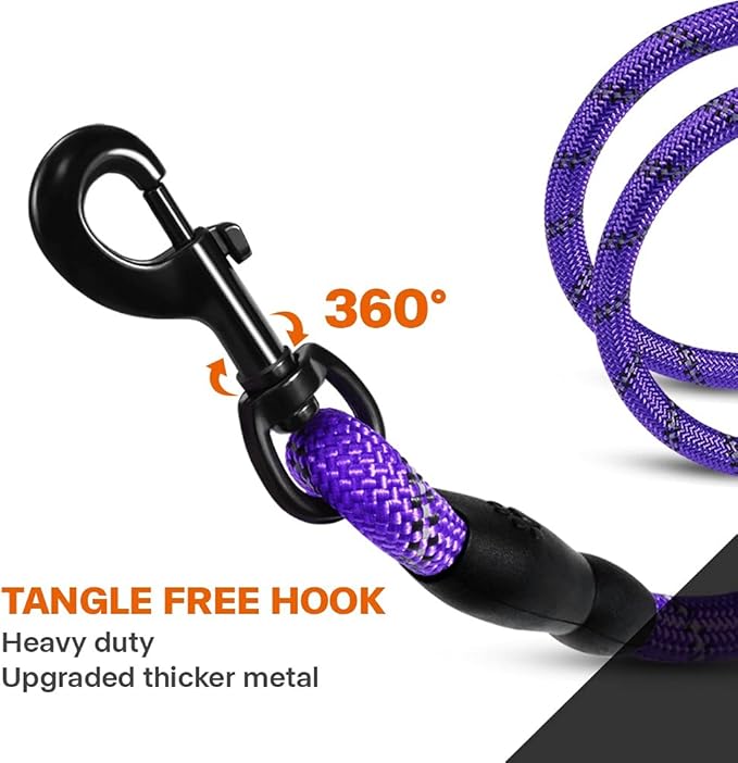 Taglory Rope Dog Leash 6 FT with Comfortable Padded Handle, Highly Reflective Threads Leash and Anti-Tangle Clip for Walking Small Dogs, 3/8 inch, Purple