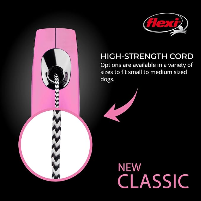 FLEXI Classic Cord Retractable Dog Leash for Small Dogs up to 26 lbs. – 16 ft., Pink | Tangle-Free Cord Design with One-Handed Brake, Pause, Lock|German Quality Product