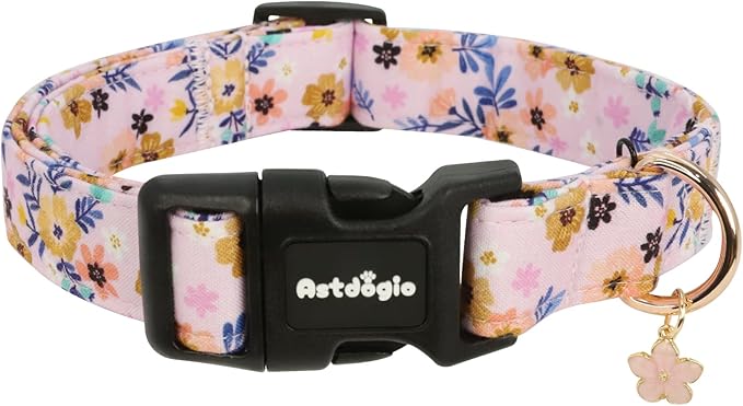 Dog Collar for Large Dogs, Spring Pink Dog Collars with Flowers & Green Leaves, Adjustable Cotton Dog Collars, Cute Girl or Boy Dog Collar Ideal for Gifts,Pet Accessory