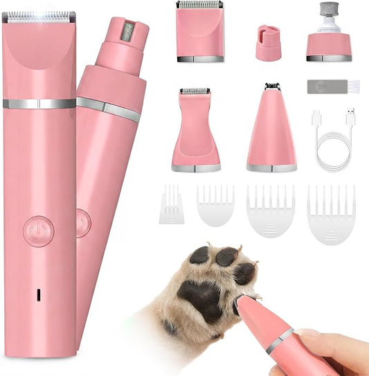 Veeconn Dog Grooming Clippers Kit-Electric Rechargeable Cat Trimmer Tools-Cordless Quiet Pet Nail Paw Grinder-4 in 1 Multifunctional Low Noise Shaver-Razor for feet Face Ears Toenail Eye (Pink)