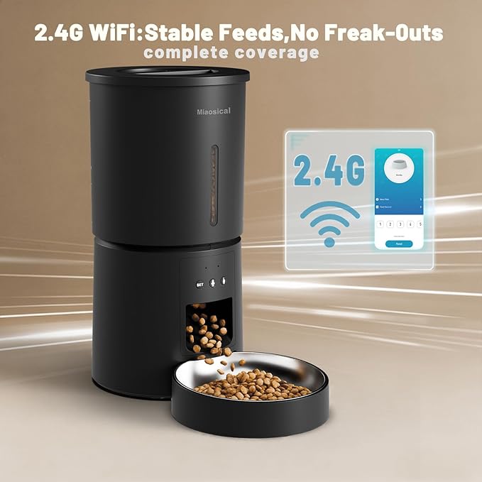 Miaosical Automatic Cat Feeder,2.4G WiFi Timed Auto Cat Food Dispenser with 10s Voice Recorder,Dual Power Supply,4.2L Auto Cats Feeder(Black, 4.2L WiFi Single Bowl)