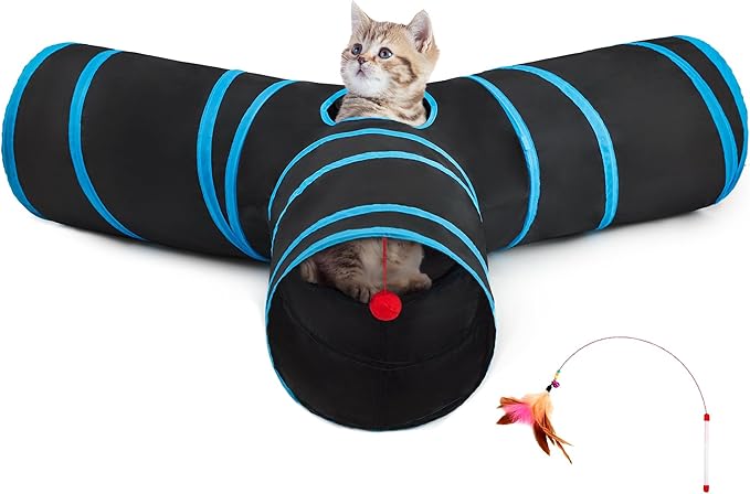 Tempcore Cat Tunnel for Indoor Cats, 3 Way Collapsible Pet Play Tunnel with Teaser Wand, Peek Holes & Hanging Ball, Interactive Tube for Kittens & Rabbits, Black & Blue Large Size