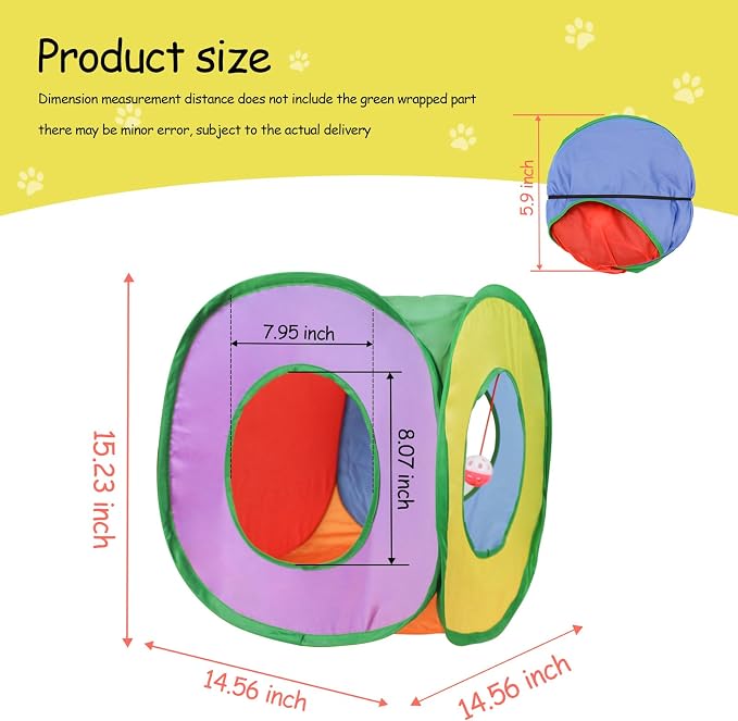 Andiker Cat Tunnel, Foldable Square Colorful Kitten Pop Up Tent Matches with Most Cat Tubes Polyester Kitten Tent with a Bell Ball 3 Holes Kitten Tubes to Hide Play (Square S)
