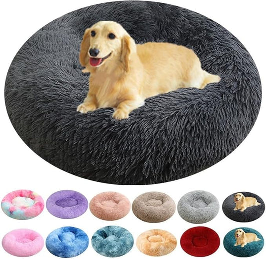 Calming Donut Dog Bed, 20 Inch Round Fluffy Dogs Beds for Small Medium Dogs and Cats, Anti-Anxiety Donut Cuddler Cat Bed with Anti-Slip Bottom, Fluffy Faux Fur Washable Pet Beds (Dark Grey)