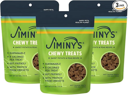 Jiminy's Chewy Cricket Dog Training Treats, Chewy, Low Calorie, Hypoallergenic, Made in USA, 6oz, Sweet Potato & Pea (Pack of 3)