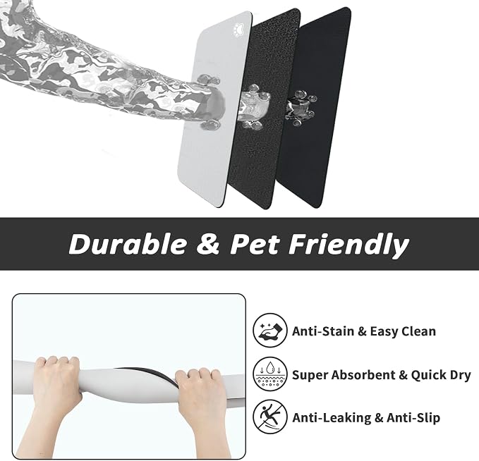 HotLive Dog Food Mat - Absorbent Cat Mat for Food and Water, No Stains Pet Feeding Bowl Mat, Easy to Clean Pet Placemats, Quick Dry Dog Water Dispenser Mat for Messy Drinkers | Paw Light Grey 12"x 19"