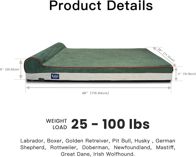 Laifug Orthopedic Dog Beds for Large Dogs,4.5" Memory Foam Dog Beds,Durable Water Proof Liner Removable and Washable, Nonskid Bottom, Dark Green 46"x28"x4.5"