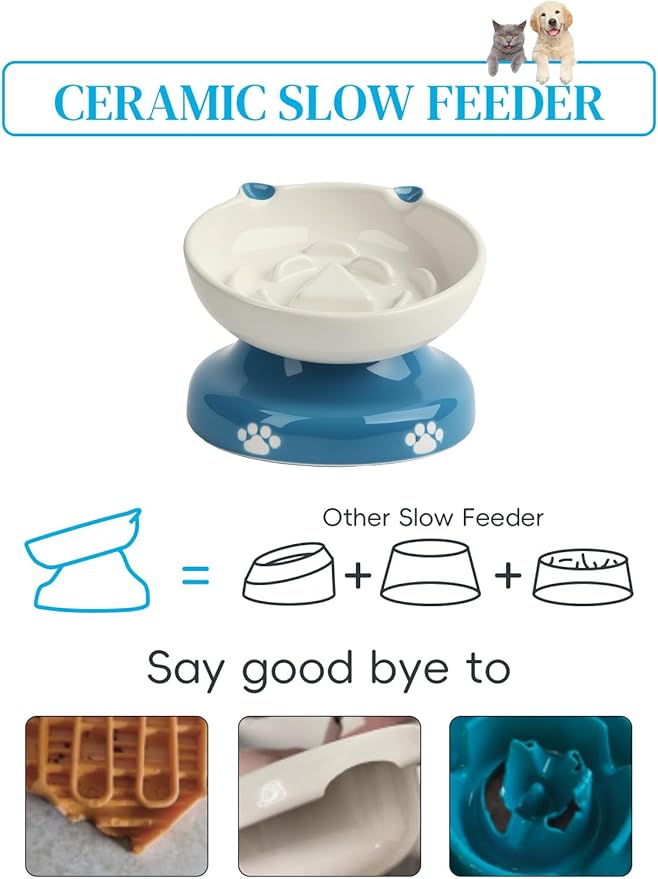 Y YHY Ceramic Slow Feeder Cat Bowl, Elevated Cat Bowl Tilted Design Slow Feeder for Dog and Cat for Dry and Wet Food, Blue