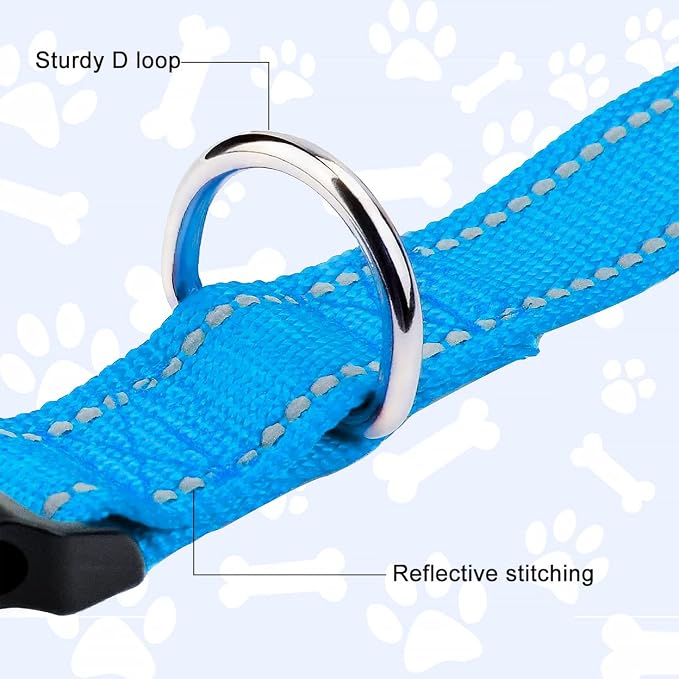 FunTags Length 16" - 24" Reflective Sky Blue Dog Collar for Large Dogs – Night Walking & Training Safety, Durable Quick Release Buckle, Nylon, Comfortable Adjustable, Width 1"