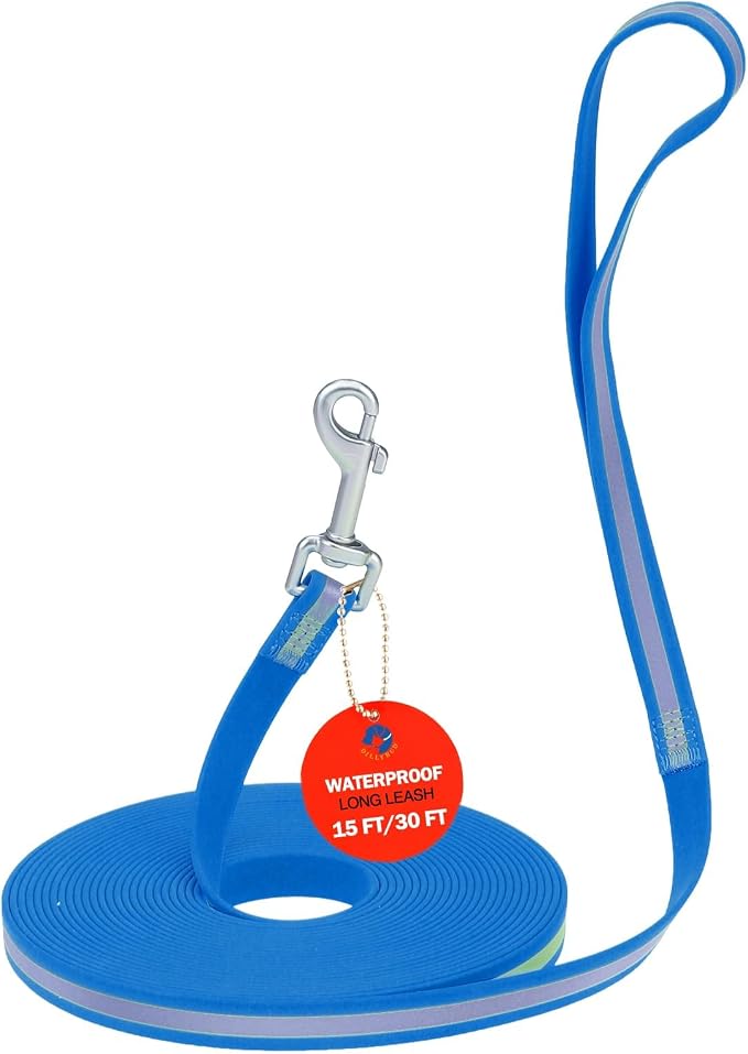 Waterproof Long Dog Leash 30FT, Heavy Duty Recall Training Lead with Non-Slip Padded Handle&Reflective Threads, Durable Long Line for Large Medium Dogs, Outdoor Hiking Camping Beach Swimming