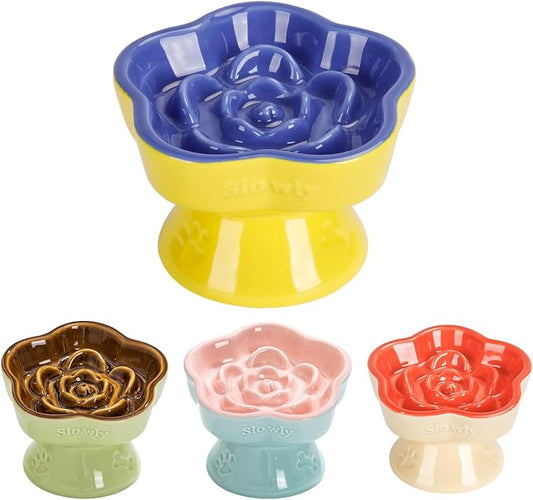 S&Q's CERAMICS Raised Slow Feeder Cat Bowl, Ceramic Elevated and Titled Pet Food Bowl, Small Dogs Slow Feeder, Flower Shaped Dish for Dry and Wet Food (Blue, 5.8")