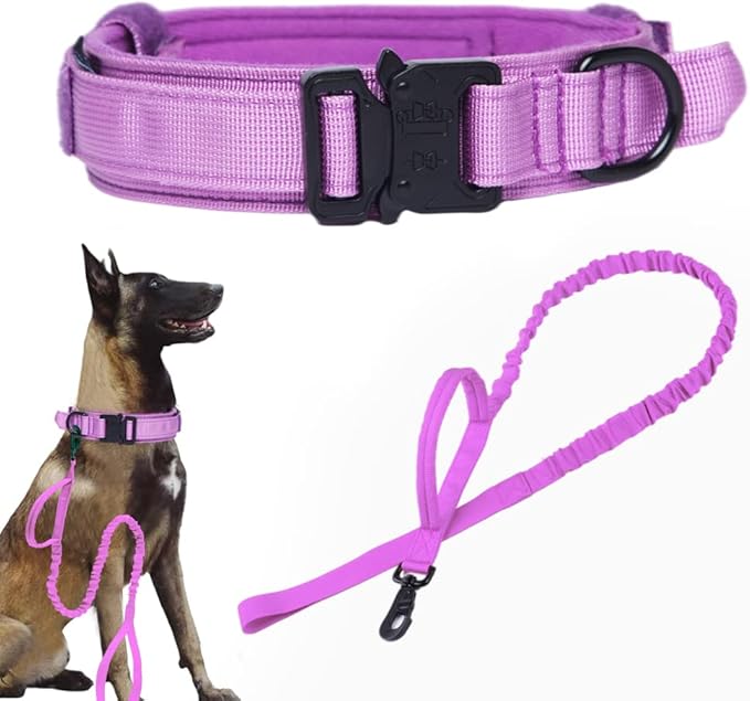 Tactical Dog Collar and Leash Set Adjustable Military Nylon Dog Collar with Control Handle and Heavy Duty Metal Buckle for Large Dogs（Purple XL