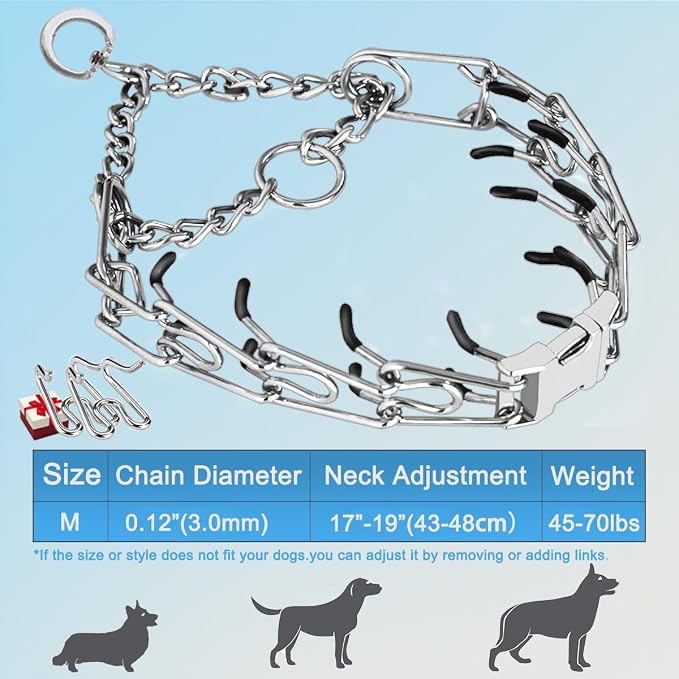Dog Collar with Quick Release Buckle for Small Medium Large Dogs | Prong Pinch Collars, Training, No Pull, Adjustable Size, QuickRelease, with 2 Extra Links and 20 Rubber cap