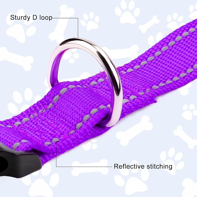 FunTags Length 8" - 12" Reflective Purple Dog Collar for Puppy/Extra Small Dogs – Night Walking & Training Safety, Durable Quick Release Buckle, Nylon, Comfortable Adjustable, Width 3/8"