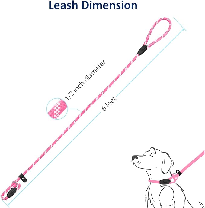 WePet Dog Training Slip Leash, No Pull, Durable Reflective Lead, Puppy Heavy Duty Loop Rope, Comfortable Handle, 6 ft, 1/2 inch, diam. Pink/White