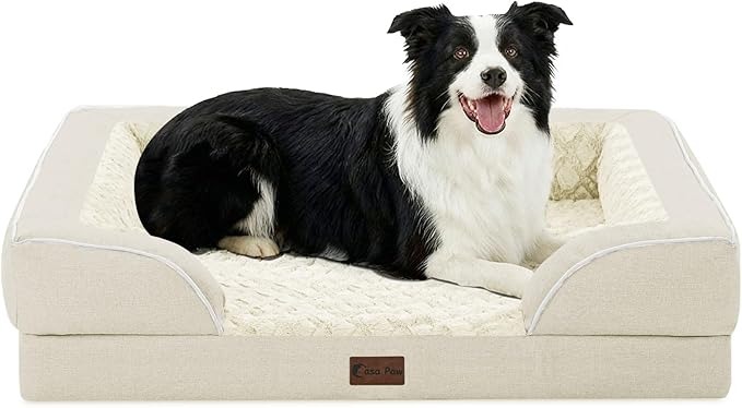 Orthopedic Dog Beds for Large Sized Dogs 35x22 Inch, Medium Waterproof Egg Crate Foam Dog Sofa Bed with Removable Washable Cover Pet Couch with Bolster Side & Non-Slip Bottom, Beige