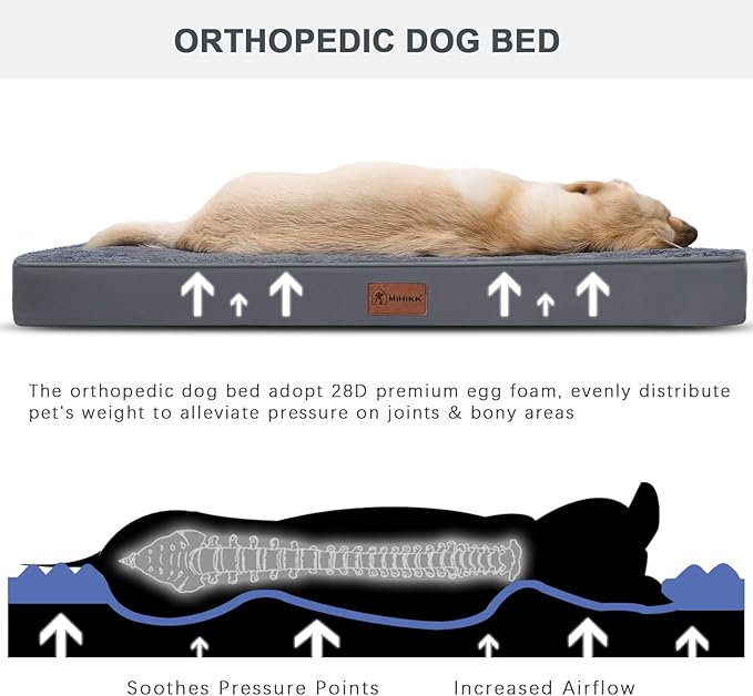 Waterproof Extra Large Dog Bed Orthopedic Dog Beds for Crate with Removable Washable Cover Egg-Crate Foam Pet Pad Mat with Anti-Slip Bottom, 44x32 Inch, Grey