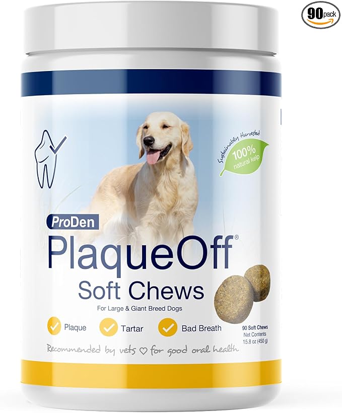 ProDen PlaqueOff Soft Chews with Natural Kelp - for Large & Giant Breed Dogs - Supports Normal, Healthy Teeth, Gums, and Breath Odor in Dogs - 90 Soft Chews
