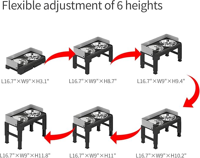PAKEWAY Elevated Dog Bowls, Spill Proof, Tiltable Pet Feeder with 1 Stainless Steel Bowl &1 Stainless Steel Slow Feeder Bowl, 6 Height Adjustable Raised Dog Bowls Stand for Medium Large Dogs