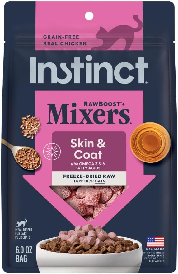 Instinct Raw Boost Mixers, Freeze Dried Cat Food Toppers with Functional Ingredients, Grain Free, Real Chicken - Skin & Coat Health, 5.5 oz Bag