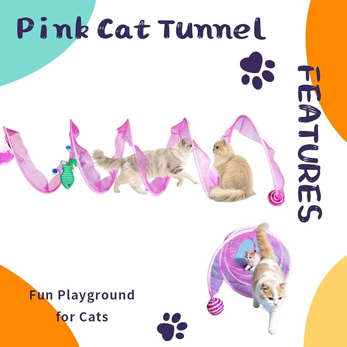 Cat Tunnel with Hanging Toys, Cat Toys Kitten Toys Assorted, Indoor Activity Center for Cats and Kittens, 10 x 22 inches (Pink)