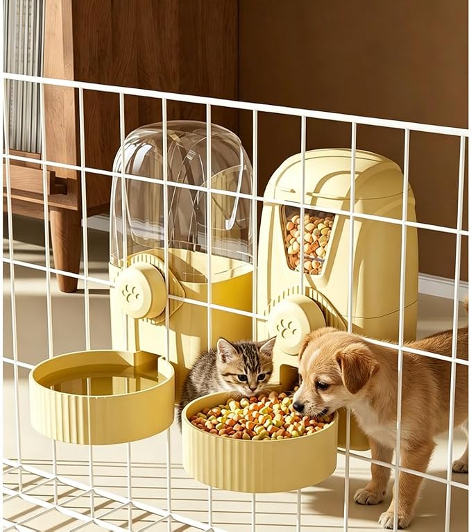 Hanging Pet Feeder Water Dispenser Set - 2-in-1 Gravity Food Water Bowl for Cats Small Dogs Rabbits, Cage Mounted No-Spill Pet Feeding Station (Light Coffee)