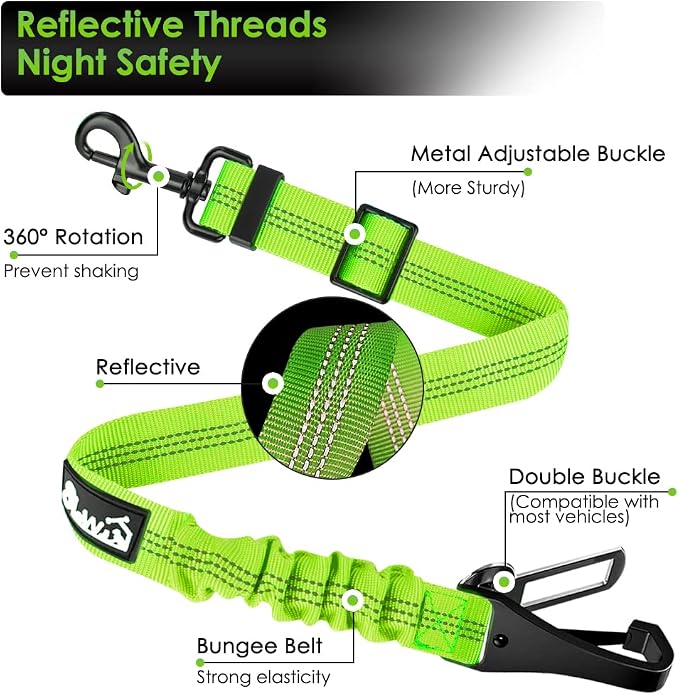 SlowTon Dog Seat Belt, Adjustable Dog Safety Belt Leash, 2 in 1 Latch Bar Attachment Dogs Car Seatbelt with Elastic Nylon Bungee Buffer, Reflective Nylon Belt Tether(VL,35.5in)
