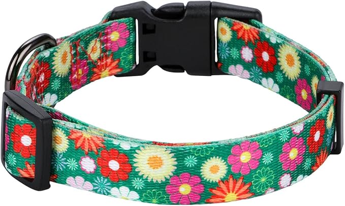 Girl Dog Collars Summer Daisy Flower Pattern, Female Adjustable Collar for Puppy, Small, Green