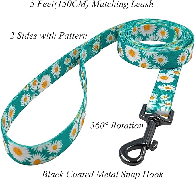 Dog Collar and Leash Set, Cute Daisy Pattern, Polyester Material, 5ft Leash, for Large Dogs.(Large,Green Daisy)