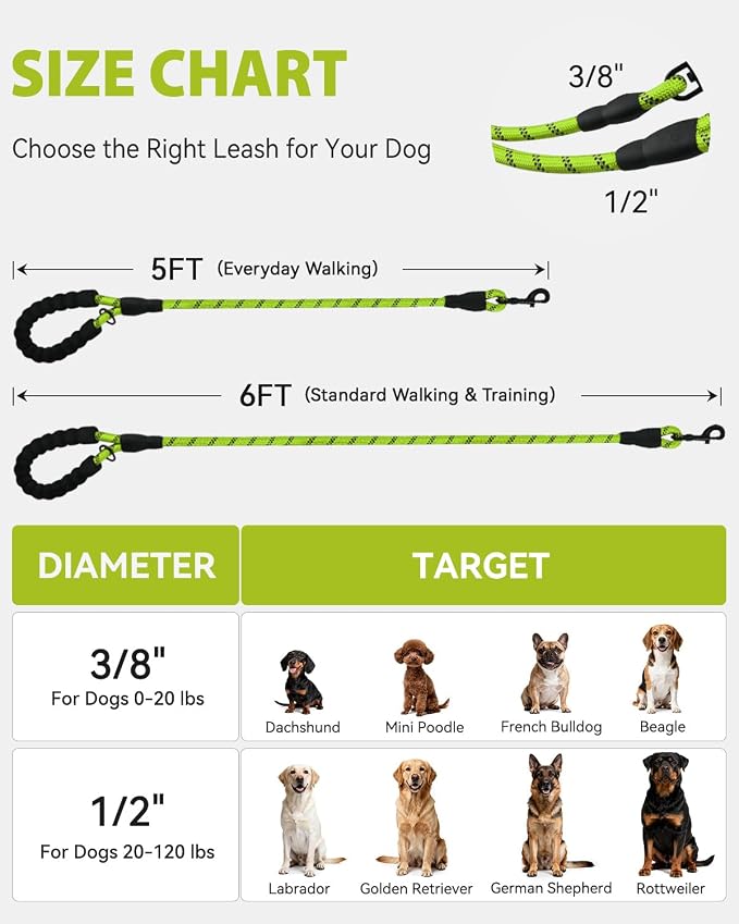 Joytale Dog Leash for Large Dogs, Heavy Duty Nylon Leashes with Comfortable Padded Handle and Highly Reflective Threads, Ideal for Walking and Training, Green, 6'×1/2''