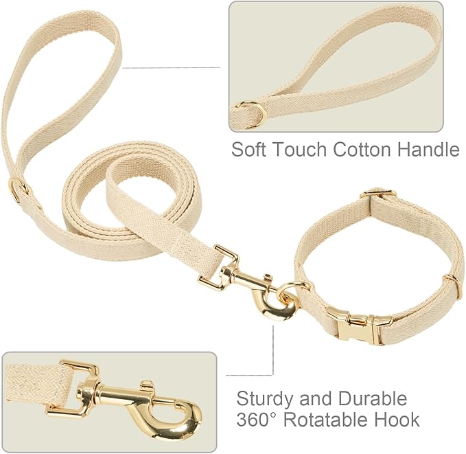Soft Dog Collar and Leash Set Adjustable Woven Tweed Dog Collars with Metal Buckle and Lead for Small Medium Large Dogs,Beige