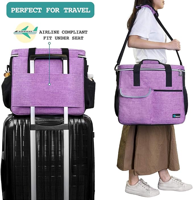 PetAmi Dog Travel Bag Organizer, Pet Travel Kit with 2 Food Containers & 2 Collapsible Dog Bowls, Pet Supplies Tote with Luggage Sleeve, Weekend Road Trip Camping Essentials, Purple, Large