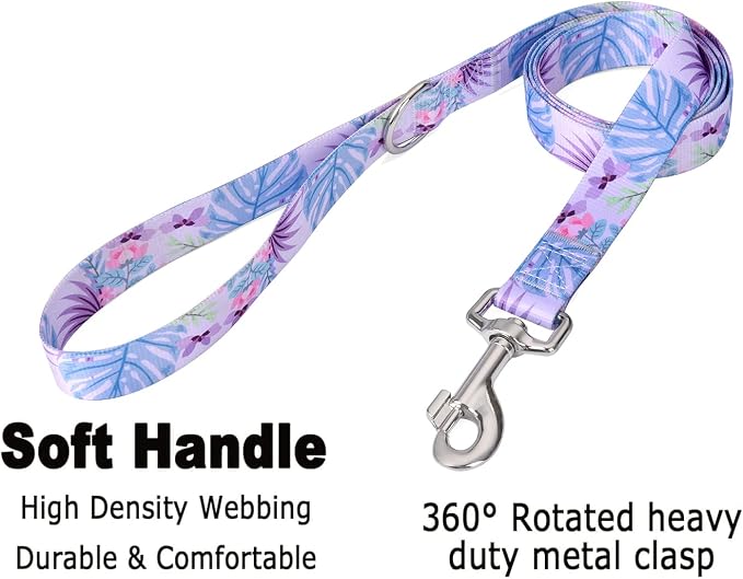 Mihqy Dog Collar and Leash Set with Bohemia Floral Tribal Geometric Patterns - Soft Ethnic Style Collar Adjustable for Small Medium Large Dogs(Purple Flower Flower Set,L)