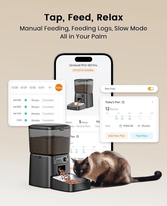 oneisall Automatic Cat Feeder, 2.4G WiFi Cat Food Dispenser with App, 12 Cups/3.5L Auto Cat Feeder for Dry Food, Timed Cat Feeder with Portion Control for Small Pets Indoor
