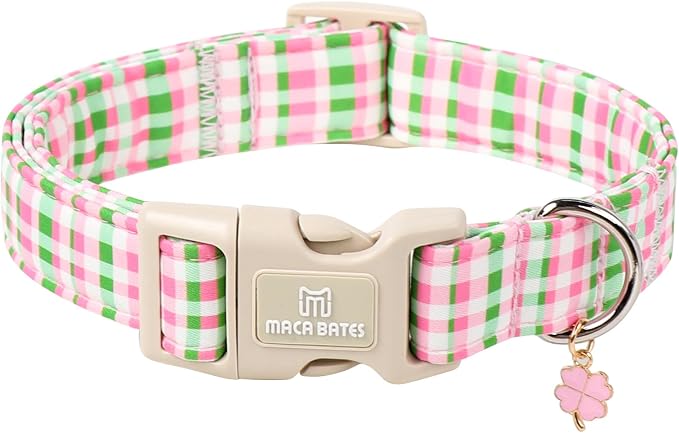 Maca Bates Pastel Plaid Dog Collar with Clover Charm,Pink and Green Gingham Pattern for Large Girl Boy Dogs,Adjustable Durable Soft Checkered Collars Spring Gift for Male Female Puppy
