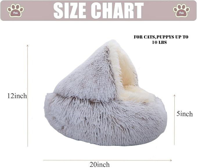 ZaneSun Calming Round Dog Bed & Cat Cave with Hooded Cover, Plush Fluffy Anti-Anxiety Cat Bed, Waterproof Bottom Washable (Coffee, 20x20inch)