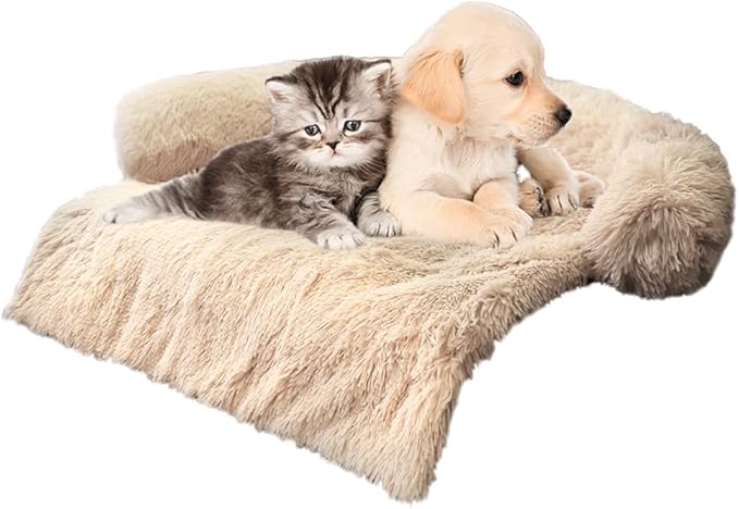 Luxurious Calming Dogs/Cats Bed Mats, Dog Pad Washable Removable Couch Cover, Plush Long Fur Mat for Pets, Waterproof Lining, Perfect for Small, Medium and Large Dogs and Cats (Beige, 34"x30")