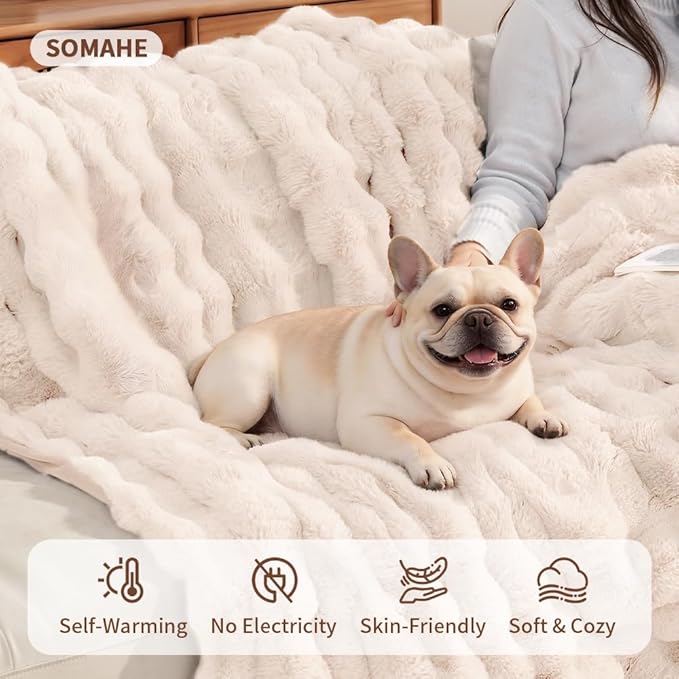 SOMAHE Pet Blanket, Reversible Sherpa & Bubble Fleece Pet Throw, Ultra-Soft Plush for Cats & Small Dogs, Machine Washable, Anti-Static, Warm & Cozy,28"×22" Inch White