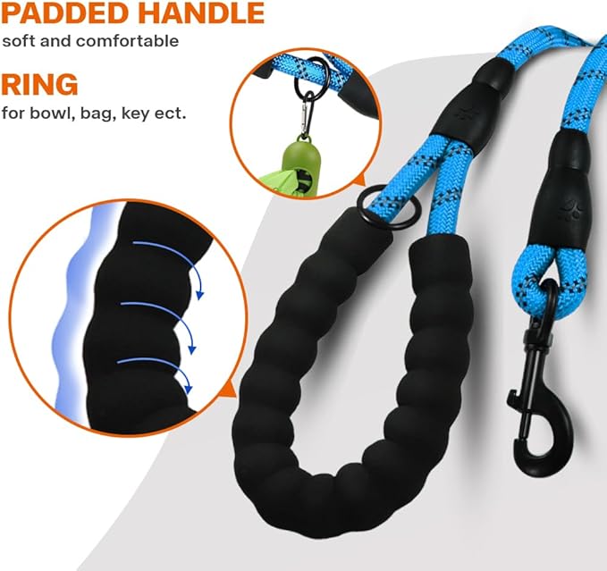 Taglory Rope Dog Leash 4 FT with Comfortable Padded Handle, Highly Reflective Threads Leash and Anti-Tangle Clip for Walking Medium Large Dogs, 1/2 inch, Blue