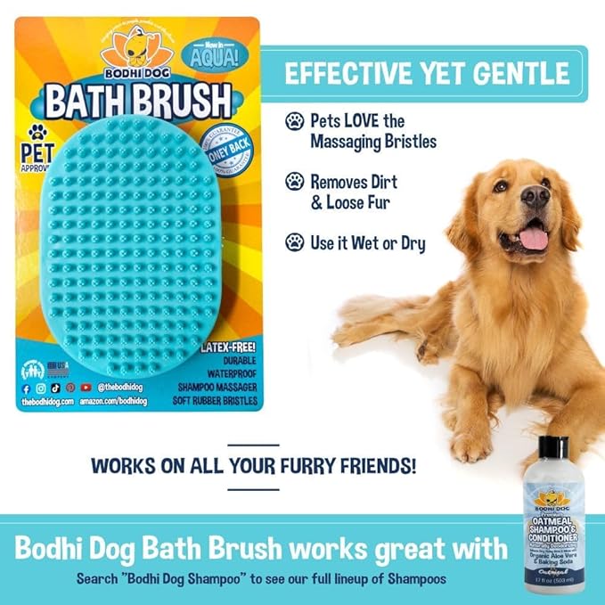 Bodhi Dog Shampoo Brush - Pet Grooming & Bath Supplies for Dogs and Cats - Bath Brush for Long & Short Hair - Premium Scrubber for Shower, Bathing & Massage (One Pack, Aqua)