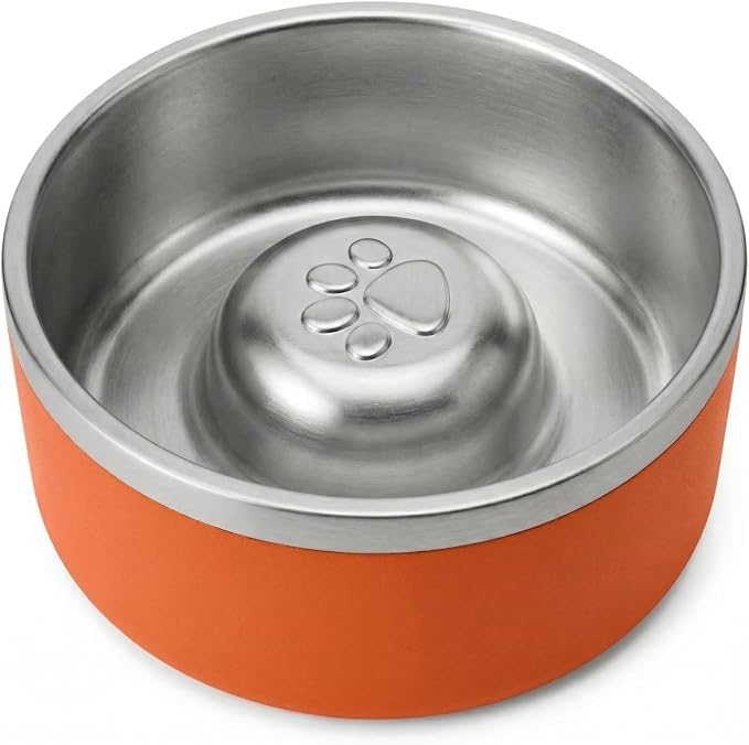 Stainless Steel Slow Feeder Dog Bowl, Heavy Duty Thickened Metal Dog Bowl, Non-Slip Base, Dishwasher Safe, Anti Gulping Feeding Bowl for Small to Medium Dogs & Cats, 56 oz, (Orange)