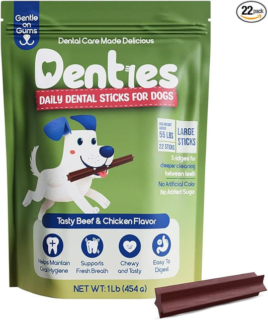 Dental Chews for Dog, Dental Sticks for Large Dogs (up to 75 lbs) – Vet-Recommended Teeth Cleaning Treats, Fresh Breath, Plaque & Tartar Control, Chicken & Beef – 16 oz, 22 Treats