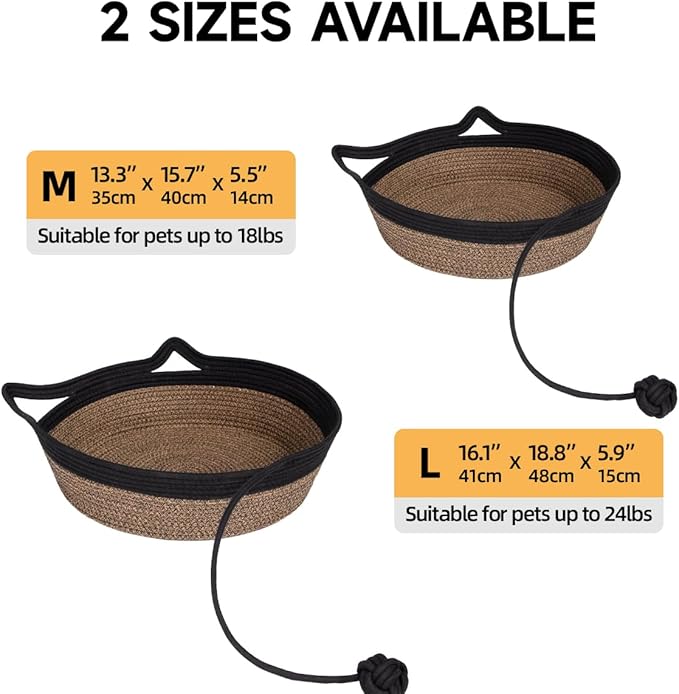 Cotton Rope Woven Cat Bed Basket, Hand Woven Cat Bed with Toy Tail, Small Dogs Sofa Bed, Pet Sleeping Bed Basket for Indoor Cats, Puppies, Rabbits (Medium, Black & Brown)