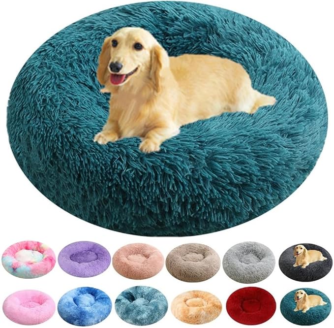 Dog & Cat Bed, 27 Inch Cat Beds for Indoor Cats, Calming Donut Bed for Small Medium Dogs and Cats, Anti-Anxiety Plush Faux Fur Large Cat Beds Washable, Dark Blue