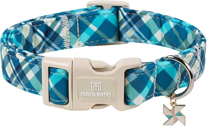 Maca Bates Blue Plaid Dog Collar with Windmill Charm for Extra Large Dogs, Pretty Till Pattern Adjustable Soft Durable Pet Gift for Male Female Dogs