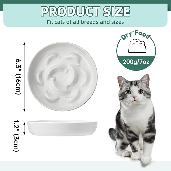 Cat Slow Feeder Bowl Set - 2 Pcs Ceramic Cat Food Plates for Slow Eating - Double Cat Dish for Dry Wet Food - Slow Feeding Cat Bowls Whisker Friendly - Microwave and Dishwasher Safe - White and Blue