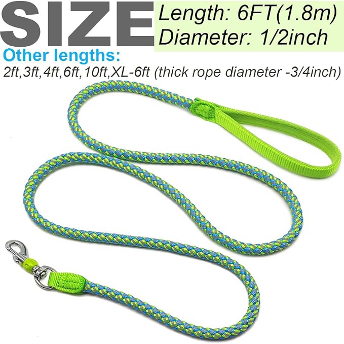 2/3/4/6/10 Foot Reflective Dog Leash Strong Nylon Rope Braided Heavy Duty for Large and Medium Small Dogs Walking Training Leads (Green, 6ft * 1/2")