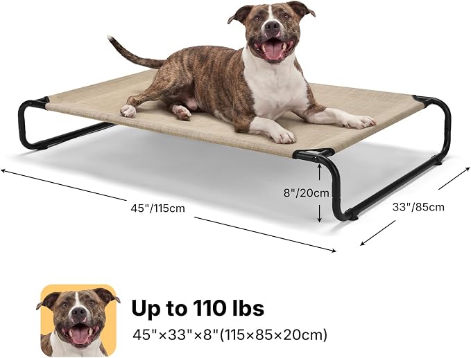 Veehoo Cooling Elevated Dog Bed, Outdoor Dog Bed for Large Dogs, Raised Dog Cot with Thickened Frame, Durable Teslin Mesh & Anti-Slip Rubber Feet, Pet Hammock for Indoor or Camping, 45" x 30", Beige